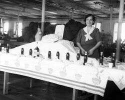 Mrs. Arnold Gerard, née Sophie Altschuler, “director of boy’s sportswear,” Plymouth Sportswear Company, Inc., Fall River, Massachusetts, serving as hostess at an employees’ party in celebration of Franklin Delano Roosevelt’s reelection to his third term as president, November, 1940. Prominently displayed in a place of honor behind the elaborately decorated cake is a photograph of President Franklin Delano Roosevelt.