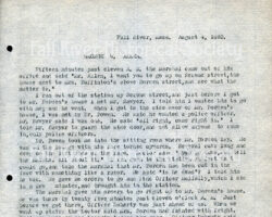 Statement of Fall River, Massachusetts, police officer George William Allen (1838-1901) as it appears in City Marshall Rufus B. Hilliard’s copy of the Witness Statements prepared for Commonwealth of Massachusetts vs. Lizzie A. Borden (RH244); Allen was the first police officer to arrive at the scene of the crime. Wove paper, L. L. Brown Paper Company, Adams, Massachusetts.