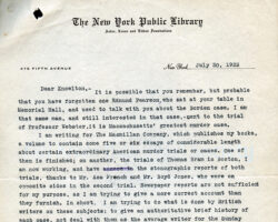 Letter, Edmund L. Pearson to Frank W. Knowlton, Sr., July 30, 1923. Wove paper, Crane Brothers, Westfield, Massachusetts.