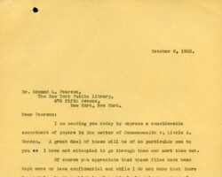 Letter, Edmund L. Pearson to Frank W. Knowlton, Sr., July 30, 1923. Wove paper, Crane Brothers, Westfield, Massachusetts.