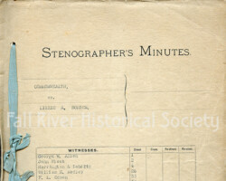 Rufus B. Hilliard’s copy of the Witness Statements prepared for Commonwealth of Massachusetts vs. Lizzie A. Borden (RH244). Craft paper cover, unidentified manufacturer; wove paper pages, L. L. Brown Paper Company, Adams, Massachusetts.