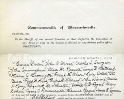Summons (HK183), Commonwealth of Massachusetts vs. Lizzie A. Borden, May 16, 1893. Wove paper, Old Berkshire Mills Company, Dalton, Massachusetts.