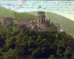 Postcard (BFC005), Heitelberg Castle, Heitelberg, Germany, sent by Emma L. Borden to George S. Brigham, September 4, 1906. Tinted calotype on paper, Zeidler & Vogel, Kunstanstalt, Germany.