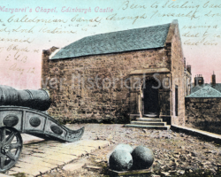 Postcard (BFC004), St. Margaret’s Chapel, Edinburgh Castle, Edinburgh, Scotland, sent by Emma L. Borden to Mrs. George S. Brigham, August 12, 1906. Tinted calotype on paper, The Valentine Company, Dundee, Scotland, and London, England.