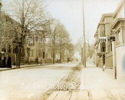 Photograph (ASP01), Second Street, Fall River, Massachusetts, looking south, 1892; the Andrew J. Borden residence is second on the left. Albumen print, Arthur S. Phillips, Fall River, Massachusetts.