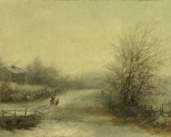 A Walk Through Winter Snow by Robert Spear Dunning (1829-1905), Fall River, Massachusetts, circa last quarter 19th century. This painting was offered by an on-line auction house in 2015, and was acquired by the FRHS for its collection of Paintings, Drawings, and Sculpture – 19th century. The purchase was made possible by donors to the Acquisition Fund.